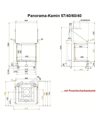Камінна топка Brunner Panorama-kamin 57/40/60/40 трьохстороння з гільйотиною