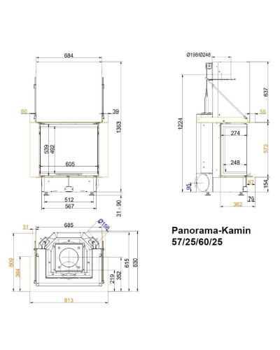 Камінна топка Brunner Panorama-kamin 57/25/60/25 трьохстороння з гільйотиною