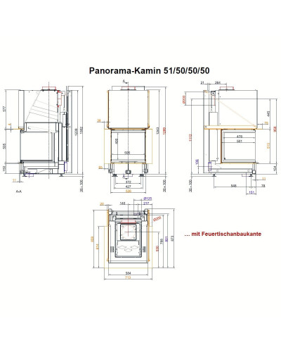 Камінна топка Brunner Panorama-kamin 51/50/50/50  трьохстороння з гільйотиною