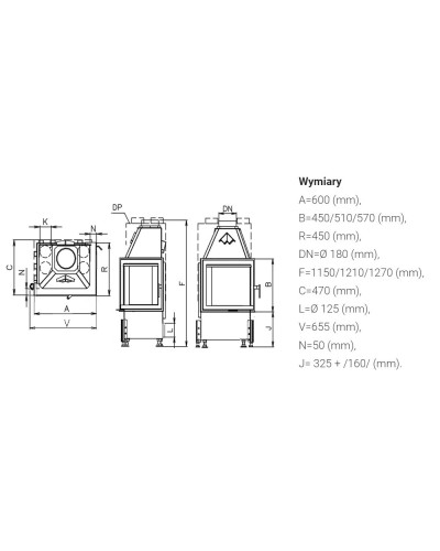 Камінна топка Kobok Chopok 600 R90-S/450 кутова