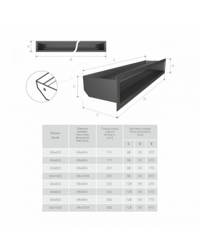 Вентиляційна решітка для каміна SAVEN Loft 90х400 графітова