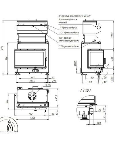 Камінна топка Gavryliv&Sons 74x37x44WM кутова модульна з водяним контуром