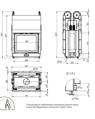 Камінна топка Gavryliv&Sons 76x62 тунельна подвійна гільйотина